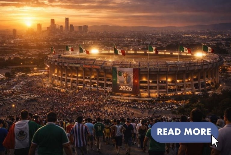 Estadio Azteca in Mexico City during a World Cup atmosphere, fans arriving for a major football matc