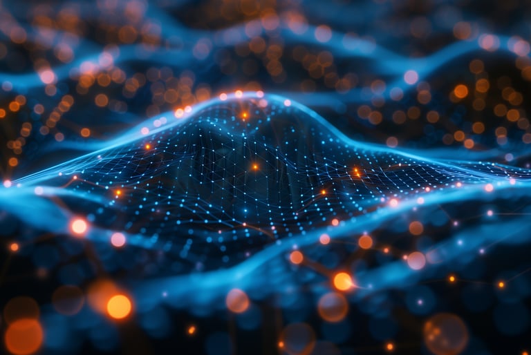 Abstract AI neural network with glowing blue and orange connections for business automation and chatbot technology