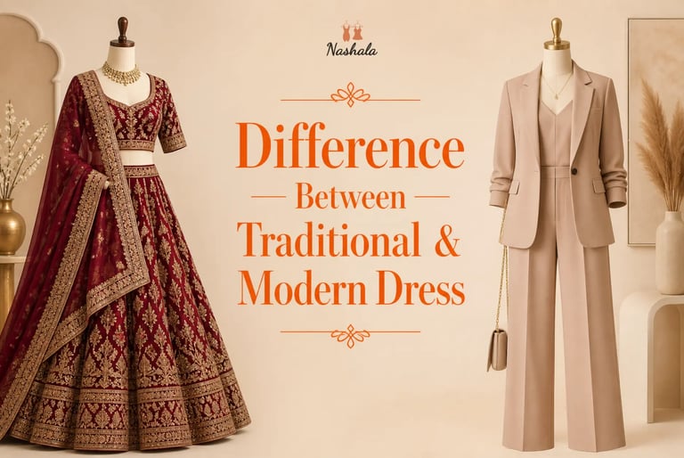 A comparison of traditional Indian bridal lehenga and a modern beige power suit on mannequins.