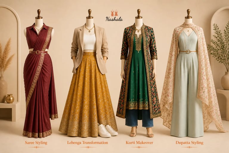 Four mannequins showcasing modern fusion Indian wear including saree styling, lehenga, kurti makeover, and dupatta draping.