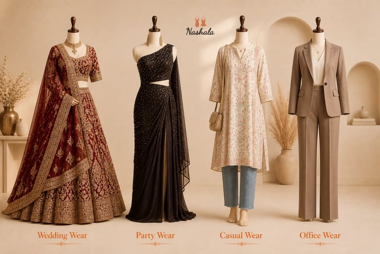 Collection of women's ethnic wedding lehenga, party wear saree, casual kurta, and office suit on mannequins.