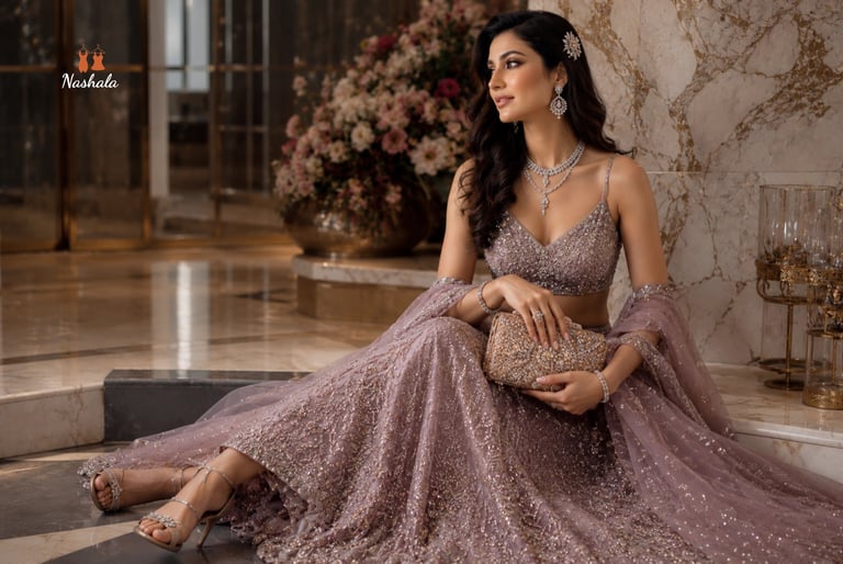 Woman in an elegant mauve sequin lehenga with diamond jewelry and a gold clutch bag.