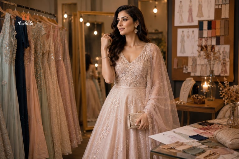 Elegant woman in a peach embroidered designer lehenga at a luxury bridal boutique.