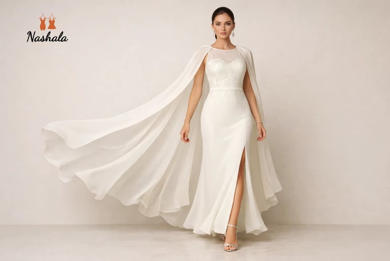 cape style party wear gowns