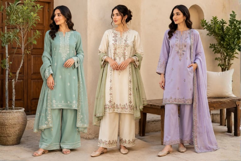 Three women modeling elegant embroidered lawn suits in mint green, cream, and lavender shades.