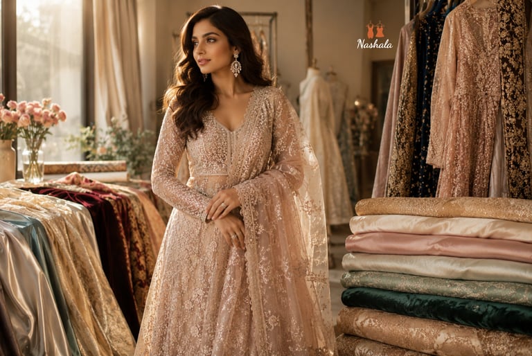 A woman in an embroidered peach bridal lehenga in a luxury boutique with silk fabrics.