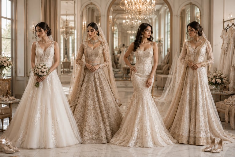 Four women modeling elegant champagne and gold bridal gowns in a luxury wedding boutique.