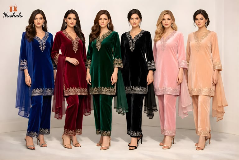 Six women modeling velvet salwar kameez suits with gold embroidery in various colors.