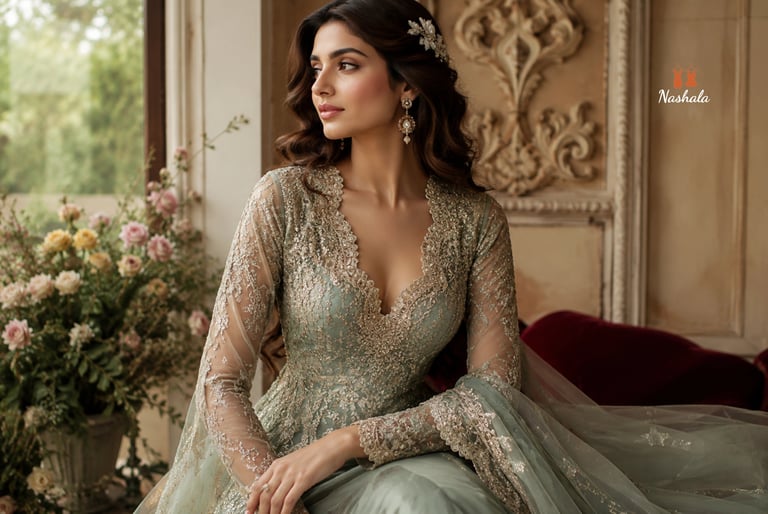 Elegant woman in a mint green embroidered Indian designer gown with gold lace detailing.