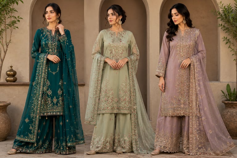Three women modeling elegant embroidered Pakistani salwar kameez suits in teal, mint green, and mauve silk.