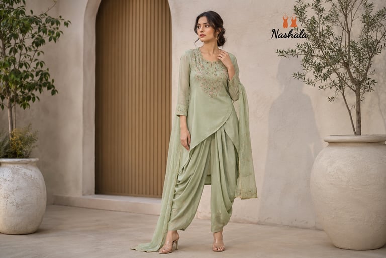 Woman wearing a pastel green embroidered dhoti salwar suit with a matching dupatta and high heels.