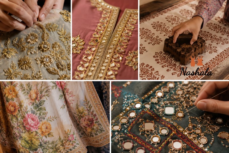 Collage of traditional Indian textiles featuring intricate gold embroidery, mirror work, and floral block printing.