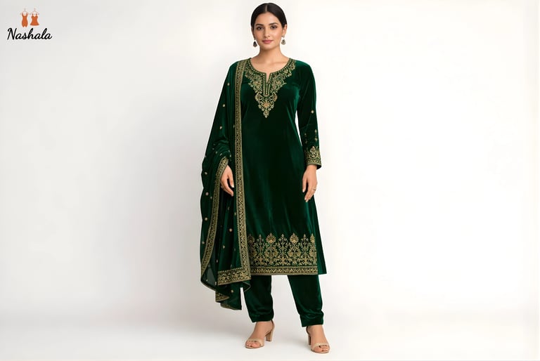 Woman wearing an emerald green velvet salwar kameez with gold embroidery and matching dupatta.