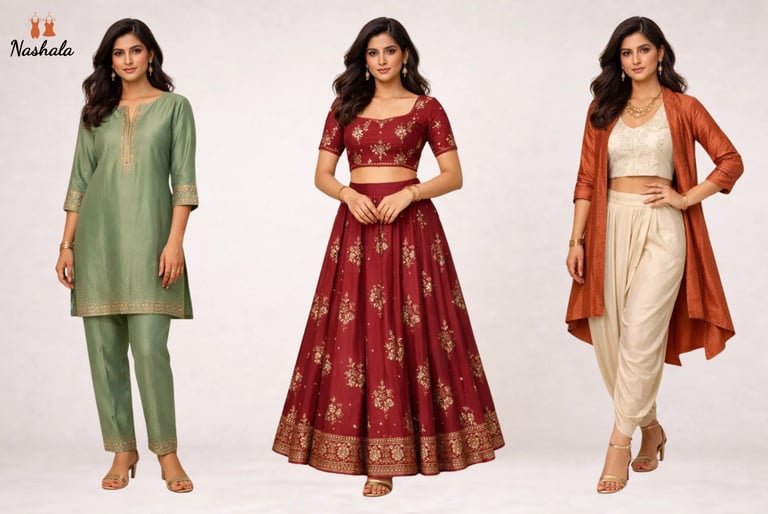 Women modeling traditional Indian ethnic wear including a green silk kurta, maroon lehenga choli, and fusion dhoti pants.