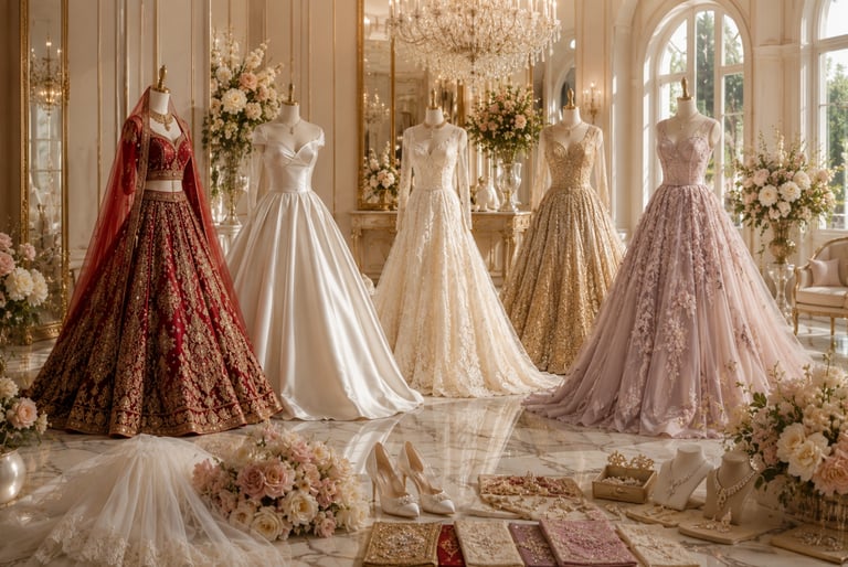 Elegant bridal boutique display with luxury wedding gowns, a red lehenga, and designer jewelry.