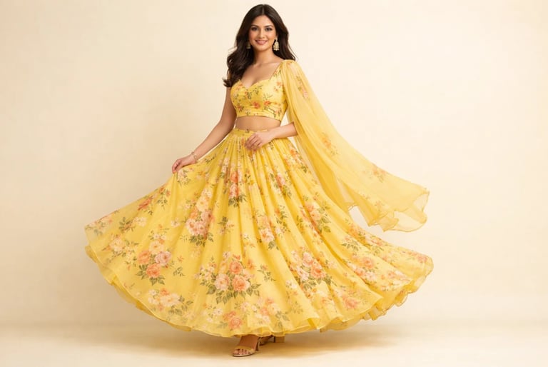yellow floral lehenga choli with a matching dupatta for ethnic fashion.