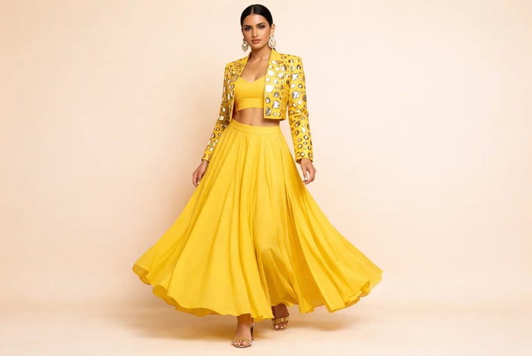 Woman wearing a yellow designer lehenga 