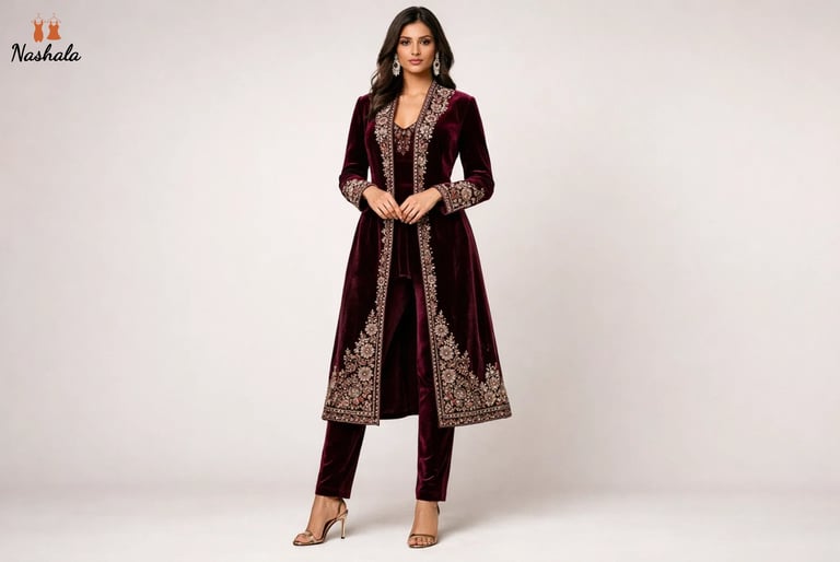 Elegant woman wearing a maroon velvet Indian ethnic suit with gold embroidery and a long jacket.