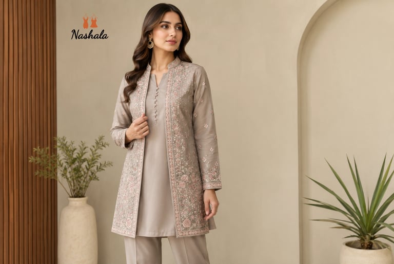 A woman wearing a taupe embroidered tunic and jacket set by Nashala, posing in a modern minimalist room.