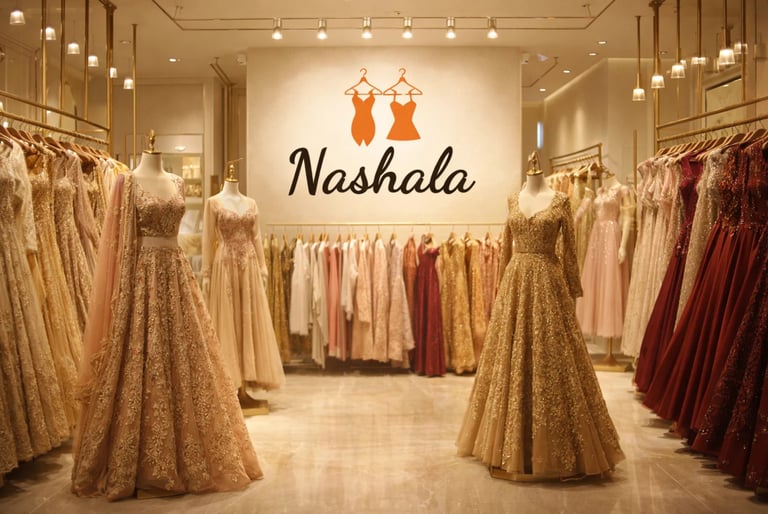 Elegant Nashala boutique interior featuring gold embroidered lehengas and luxury bridal gowns on mannequins.
