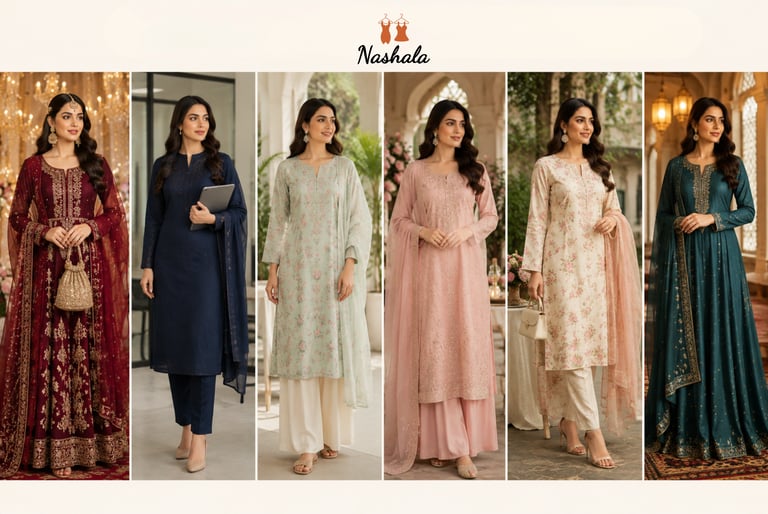 Collage of women wearing elegant Nashala ethnic wear, including embroidered anarkalis and floral salwar kameez suits.