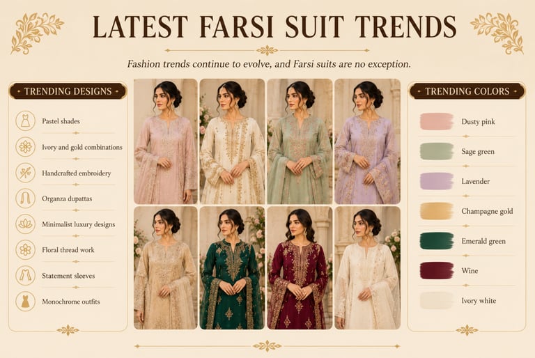 Infographic showing latest Farsi suit trends with embroidered organza outfits in pastel and jewel tones.