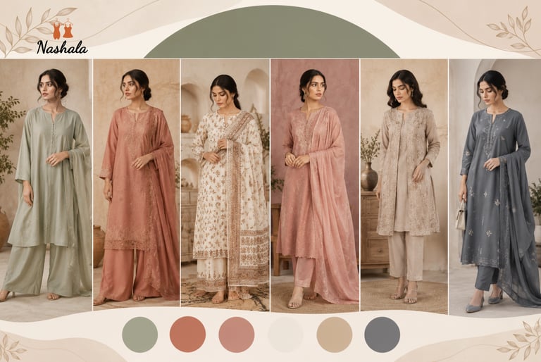 Collection of Nashala designer ethnic wear including embroidered salwar kameez and stylish pant suits for women.