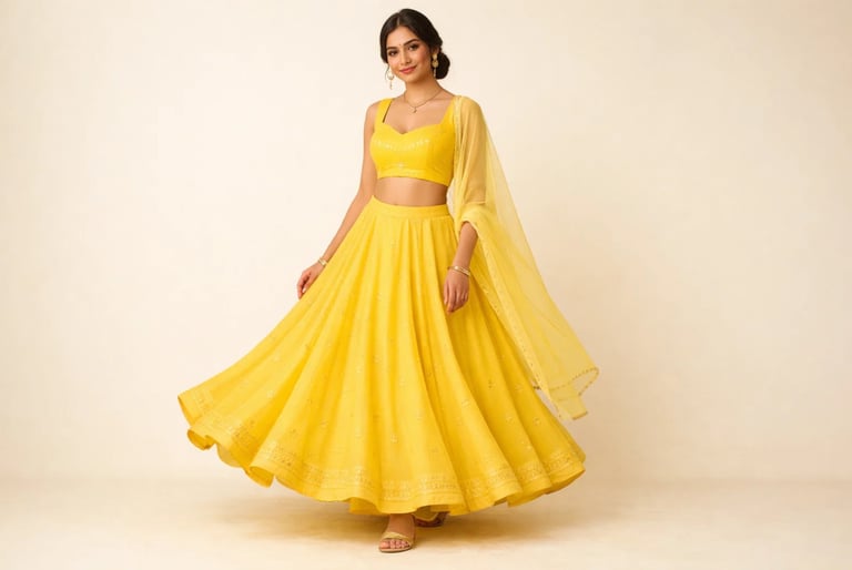 Woman wearing a vibrant yellow lehenga choli with a matching dupatta and gold jewelry.