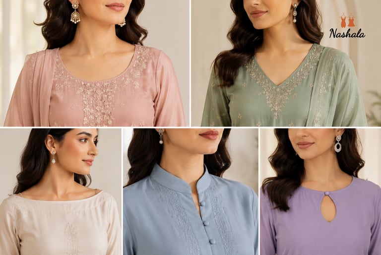 Collage of women wearing embroidered salwar kameez suits in pastel pink, green, beige, blue, and purple.