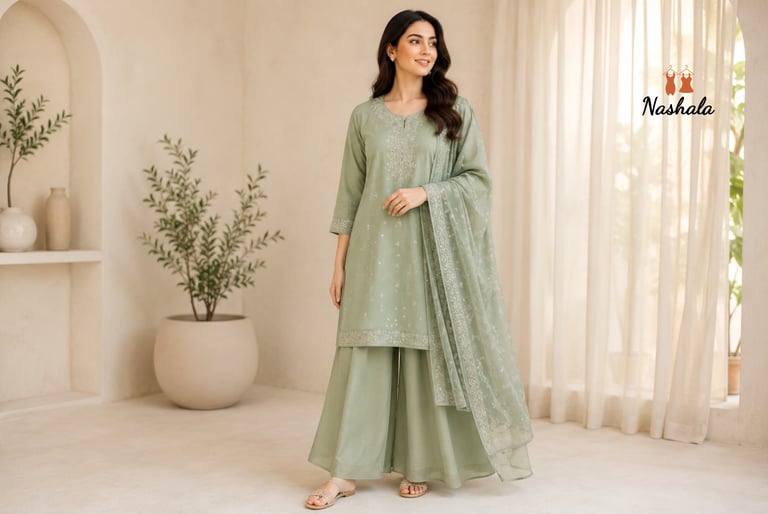 Woman wearing a sage green embroidered salwar kameez with wide-leg palazzo pants and a sheer dupatta.