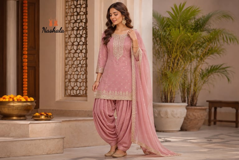 Woman wearing a dusty pink Punjabi salwar kameez suit with gold embroidery and matching dupatta.