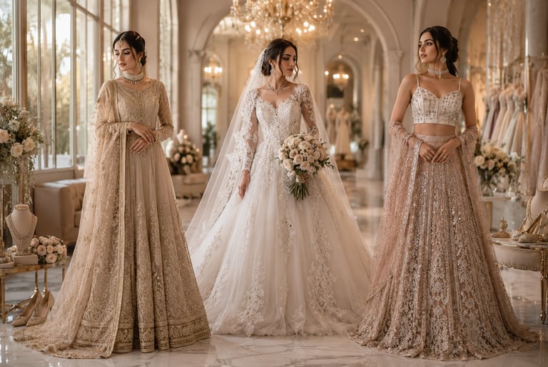 A bride in a lace wedding gown poses with bridesmaids in designer gold and pink Indian lehengas.