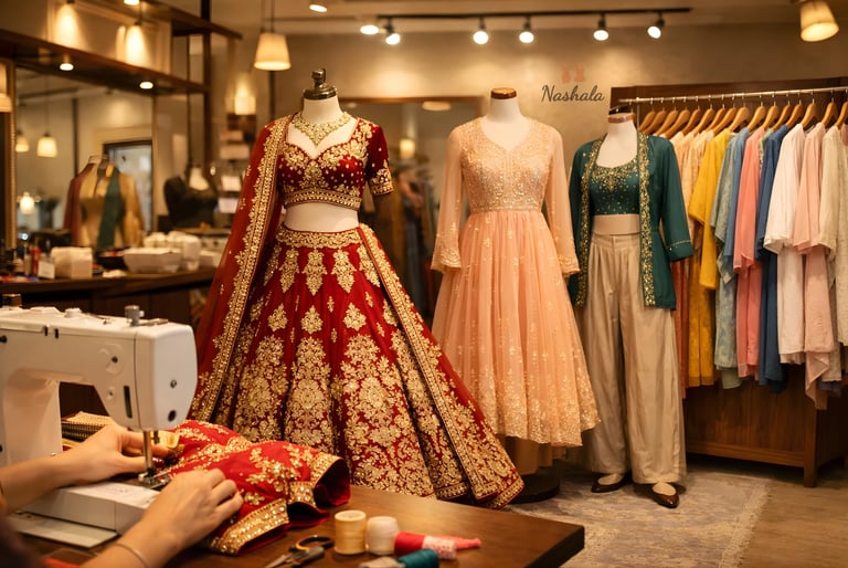 Handcrafted Indian bridal lehenga and ethnic wear displayed in a designer boutique with a sewing machine.