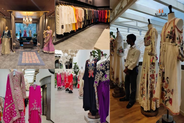 Luxury Indian boutique featuring designer bridal lehengas, embroidered sherwanis, and traditional ethnic wear.