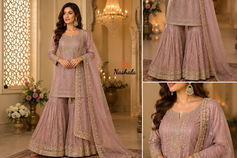 Woman wearing a dusty rose Pakistani sharara suit with gold embroidery and a matching net dupatta.