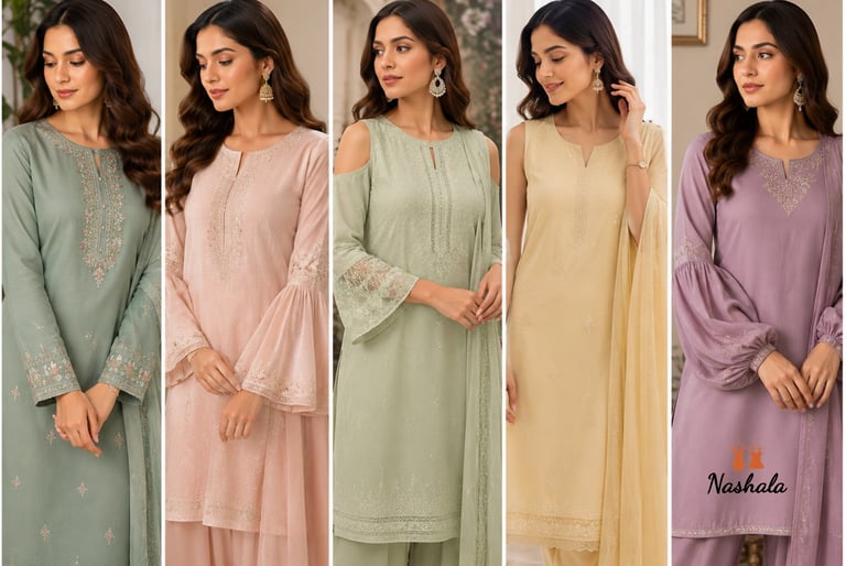 Elegant women wearing embroidered pastel salwar kameez suits in green, pink, cream, and purple.