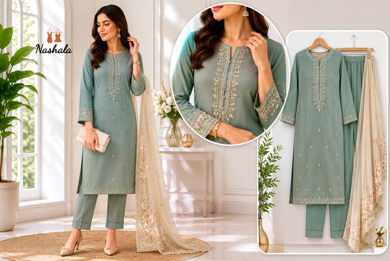 Elegant sage green embroidered kurta with trousers and a floral dupatta for women's ethnic wear.
