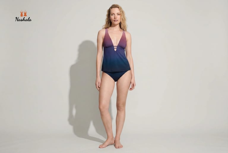 A model wears a Nashala ombre tankini swimsuit in purple and navy blue.