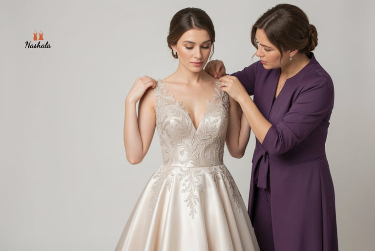 A bride in an elegant lace wedding dress receives assistance from a stylist during a bridal fitting.