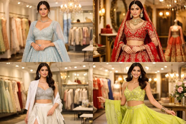 A collage showing a woman modeling elegant Indian bridal lehengas in blue, red, silver, and lime green.