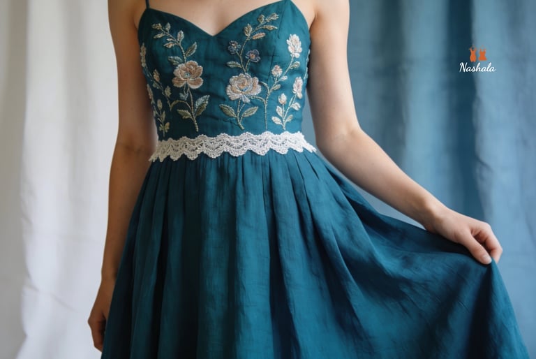 Elegant teal linen dress featuring floral embroidery and a white lace waist detail.