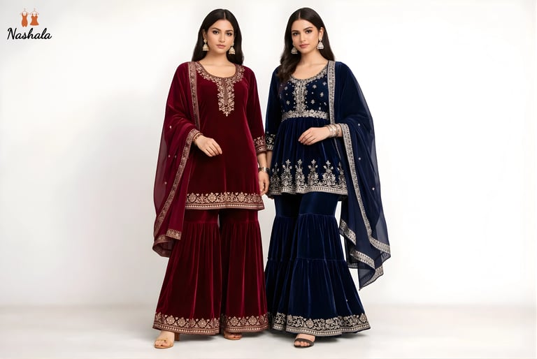 Models wearing maroon and navy blue velvet sharara suits with gold embroidery and matching dupattas.