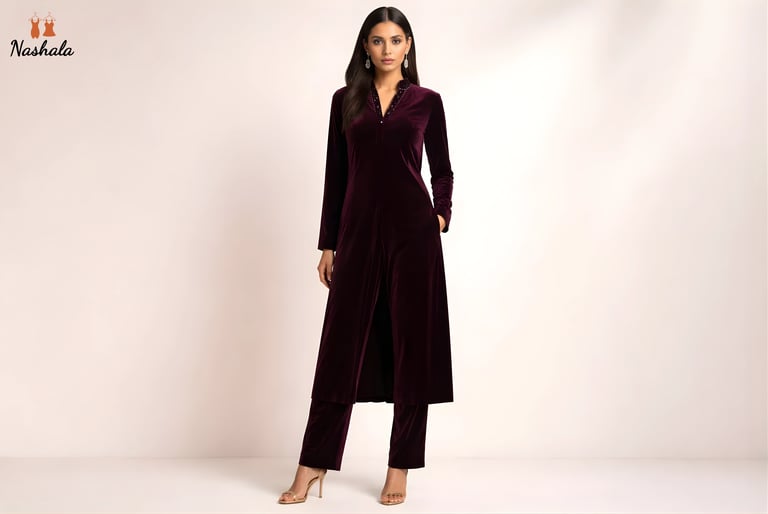 Elegant woman wearing a Nashala plum purple velvet long tunic and matching pants suit.