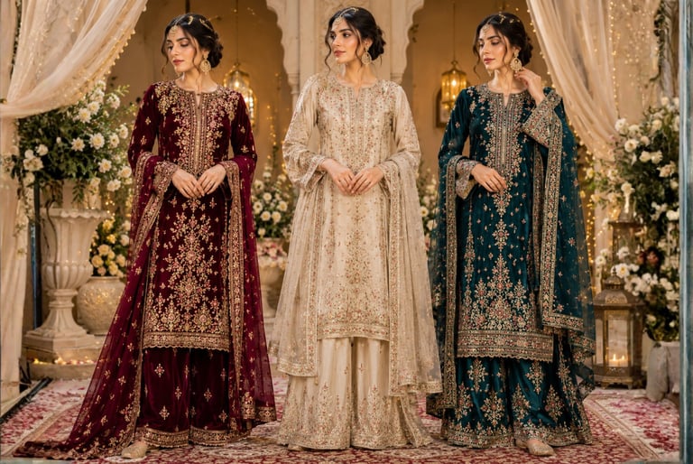 Three women posing in elegant embroidered velvet and silk Pakistani designer suits with heavy dupatta for wedding wear.