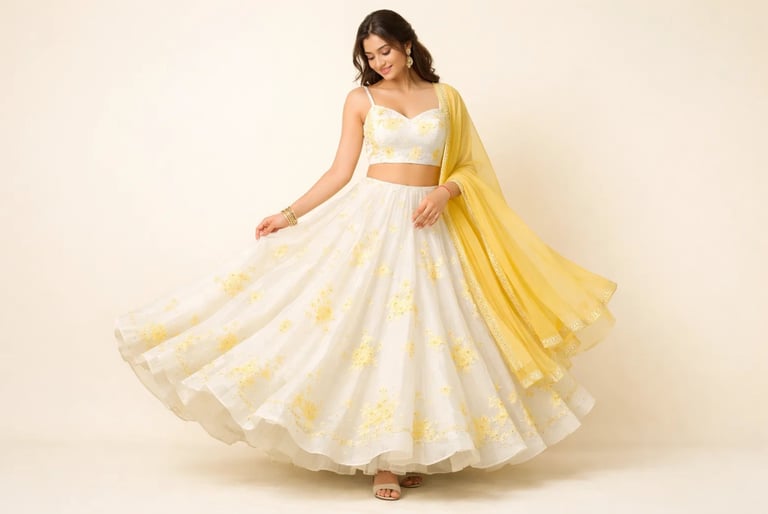 floral white and yellow lehenga choli with a matching dupatta.