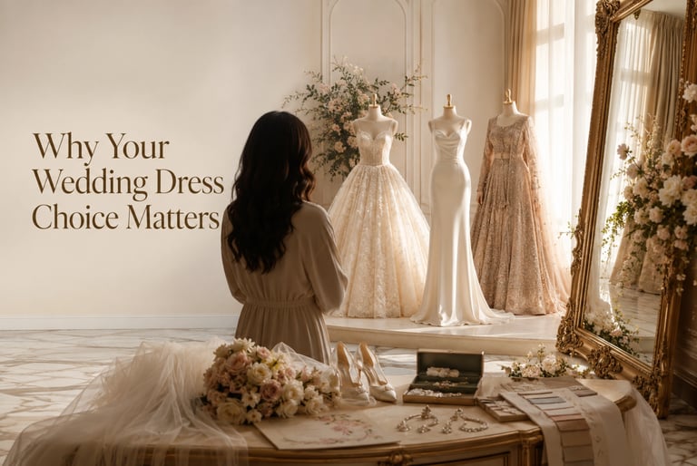 A bride chooses between elegant wedding gown styles displayed on mannequins in a bridal boutique.