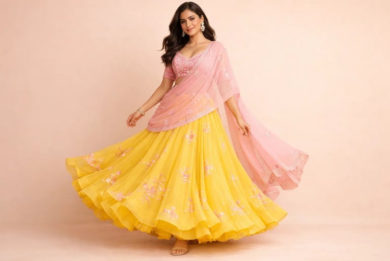 yellow embroidered lehenga choli with a soft pink dupatta