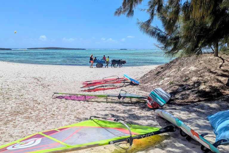 Planches de windsurf de vagues prêtes à naviguer à Ocean Lodge dans la baie de Sakalava