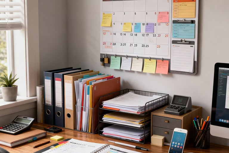 a desk with a computer monitor, keyboard, and a monitor