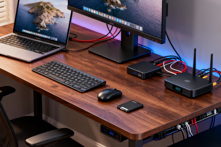 a desk with a laptop and a laptop computer